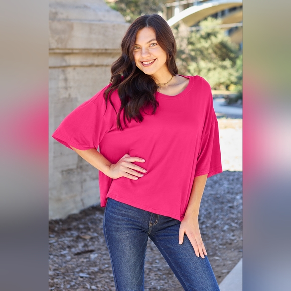 Basic Bae Deep Rose Full Size Round Neck Drop Shoulder T-Shirt - Picture 1 of 3